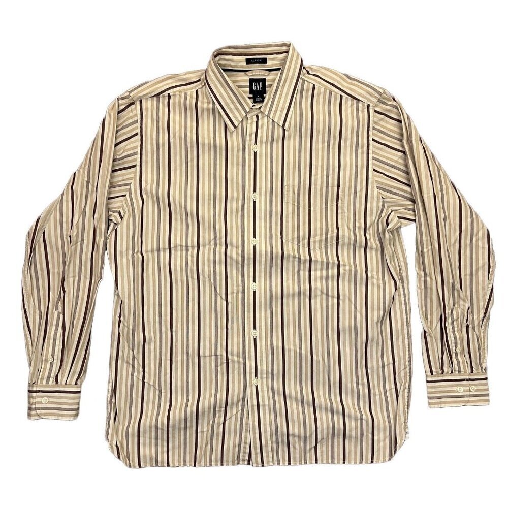 GAP Men's Button Up Shirt Size L Beige Striped Long Sleeves Classic Collared GUC